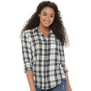 So Juniors' Button-Down Favorite Shirt Black White Plaid S
